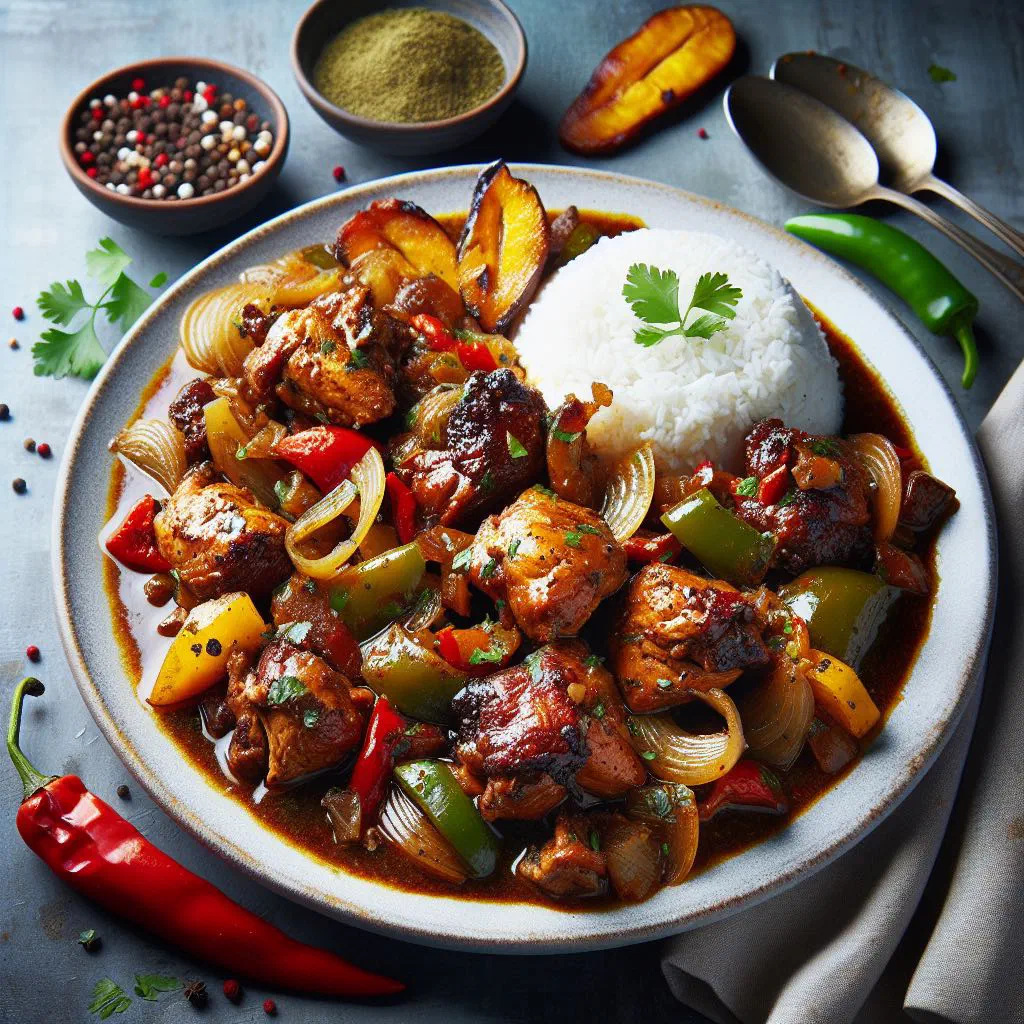 Venezuelan pollo guisado, braised chicken in a rich pepper and onion sauce
