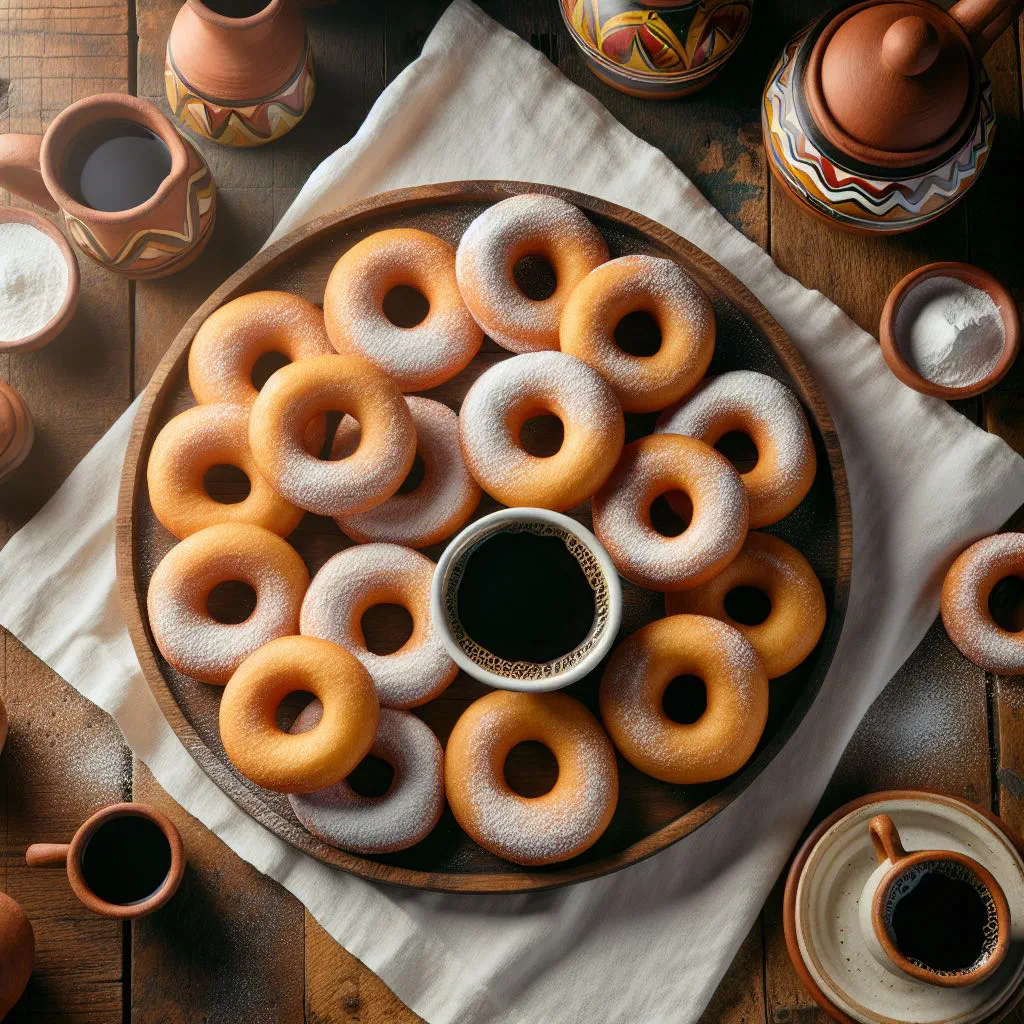 Golden fried Venezuelan rosquillas dusted with icing sugar on a plate
