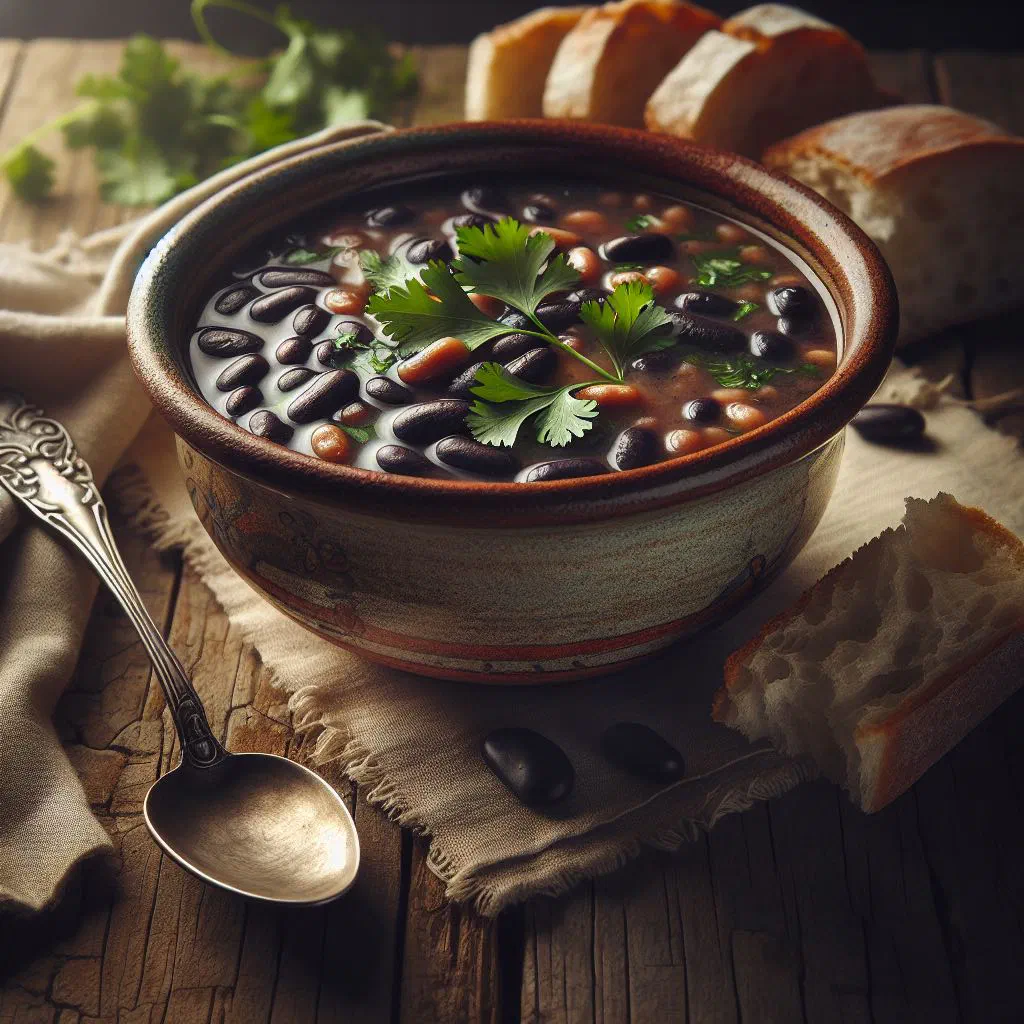 Bowl of Venezuelan black bean soup garnished with fresh coriander