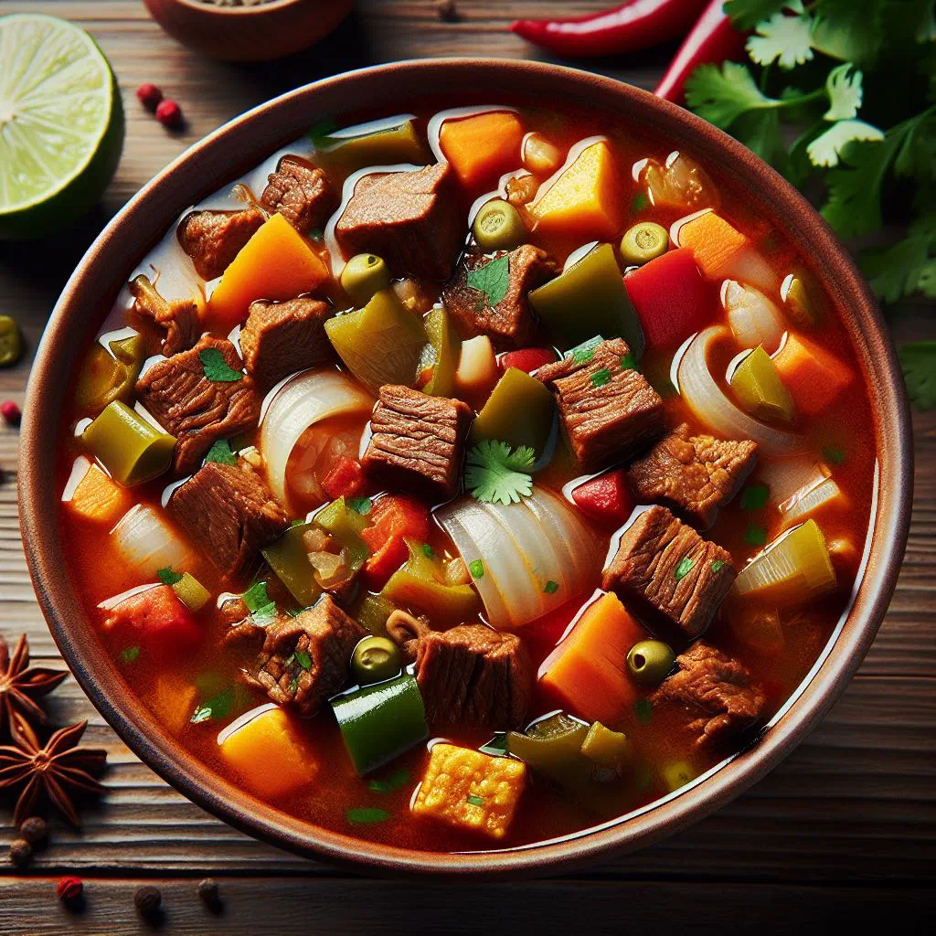 Bowl of Venezuelan sopa de mondongo with tripe, beef and vegetables