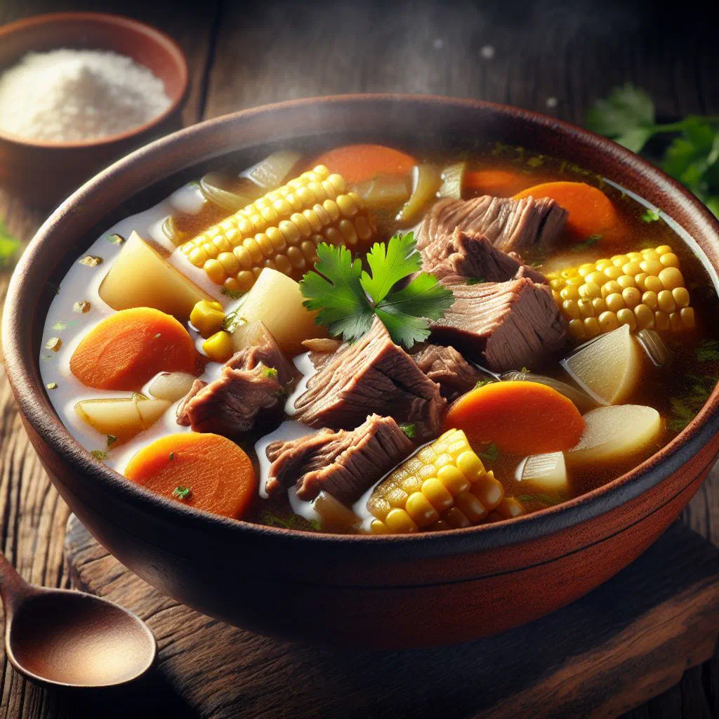Bowl of Venezuelan beef soup with carrots, potatoes and fresh coriander