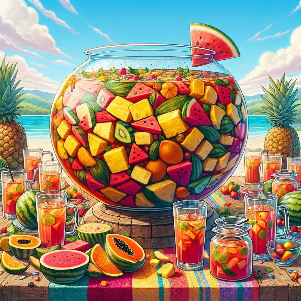 Glass of Venezuelan tizana filled with colourful tropical fruit and mint