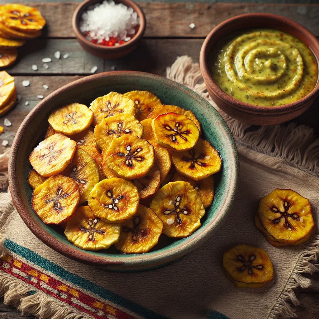 Golden twice-fried tostones on a plate with a dipping sauce