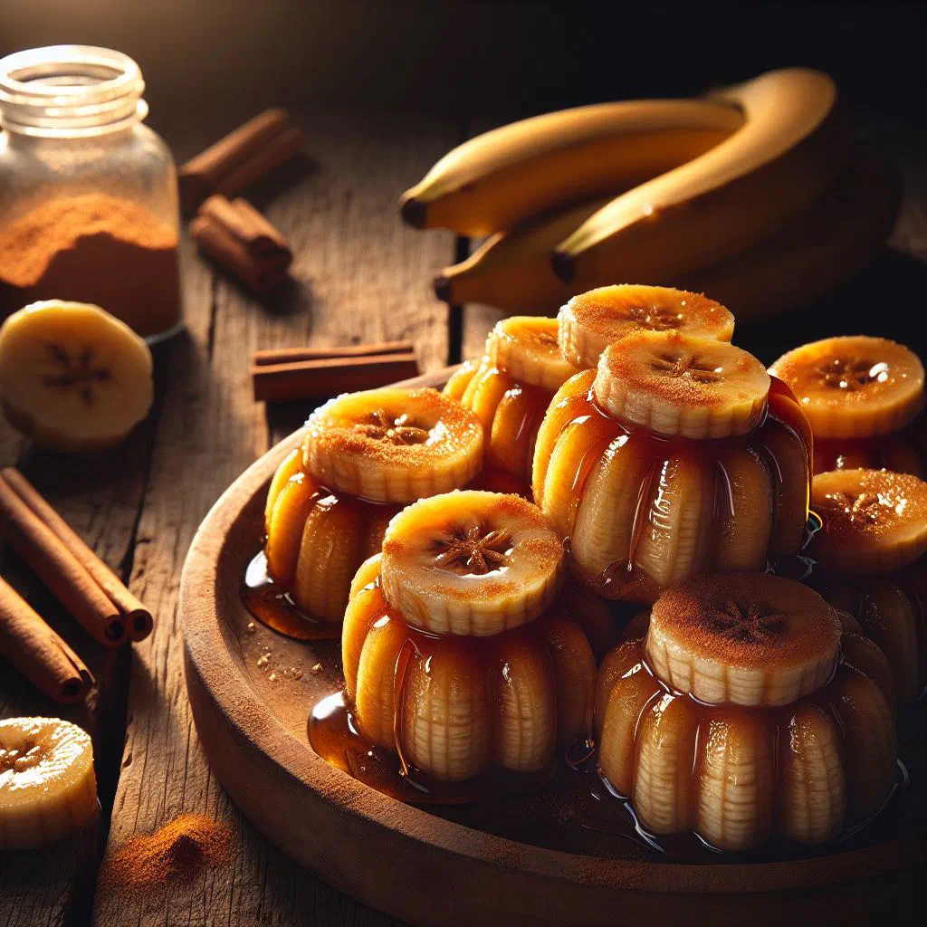 Golden fried plantain yoyos filled with melting cheese on a plate