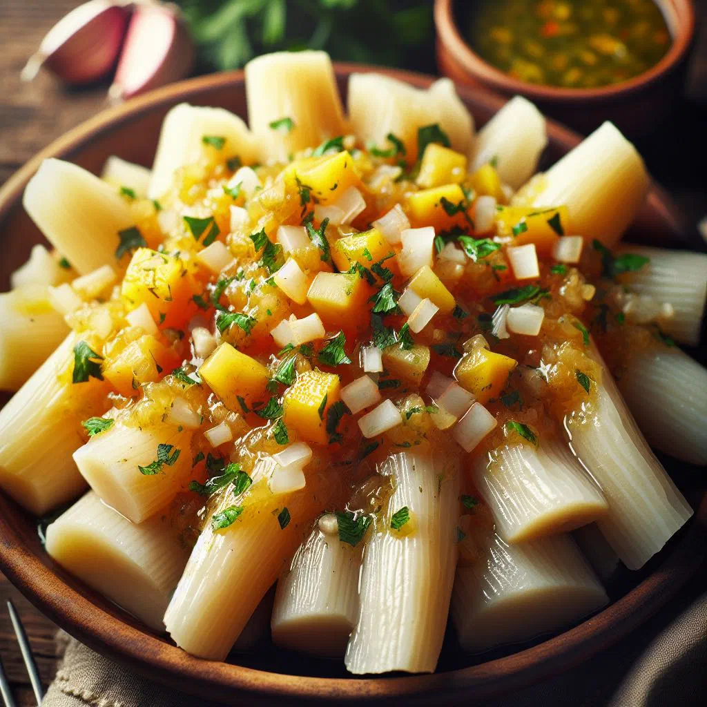 Boiled yuca pieces topped with garlicky mojo and fresh coriander