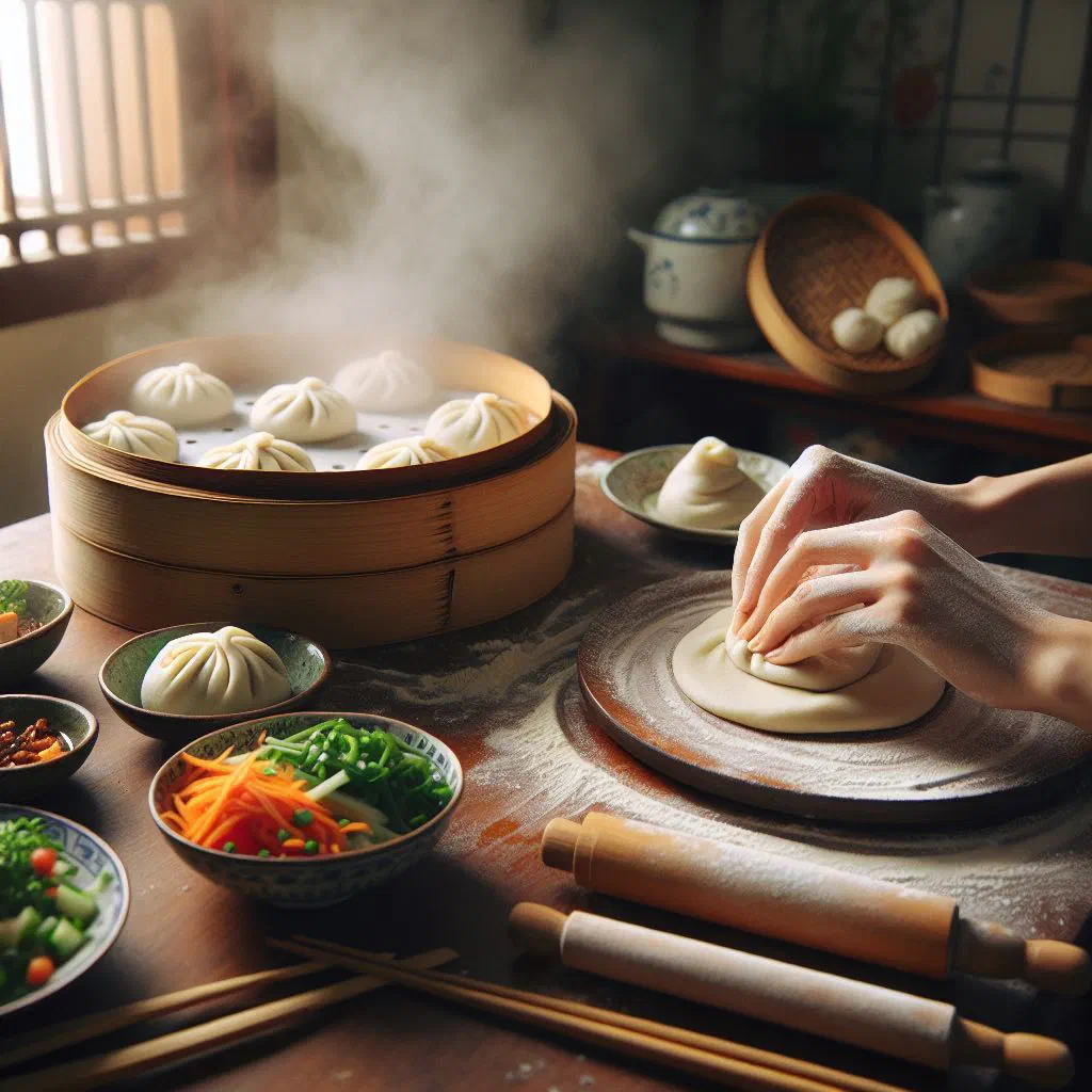 Steamed Banh Bao Chay buns with vegetable filling on a serving plate