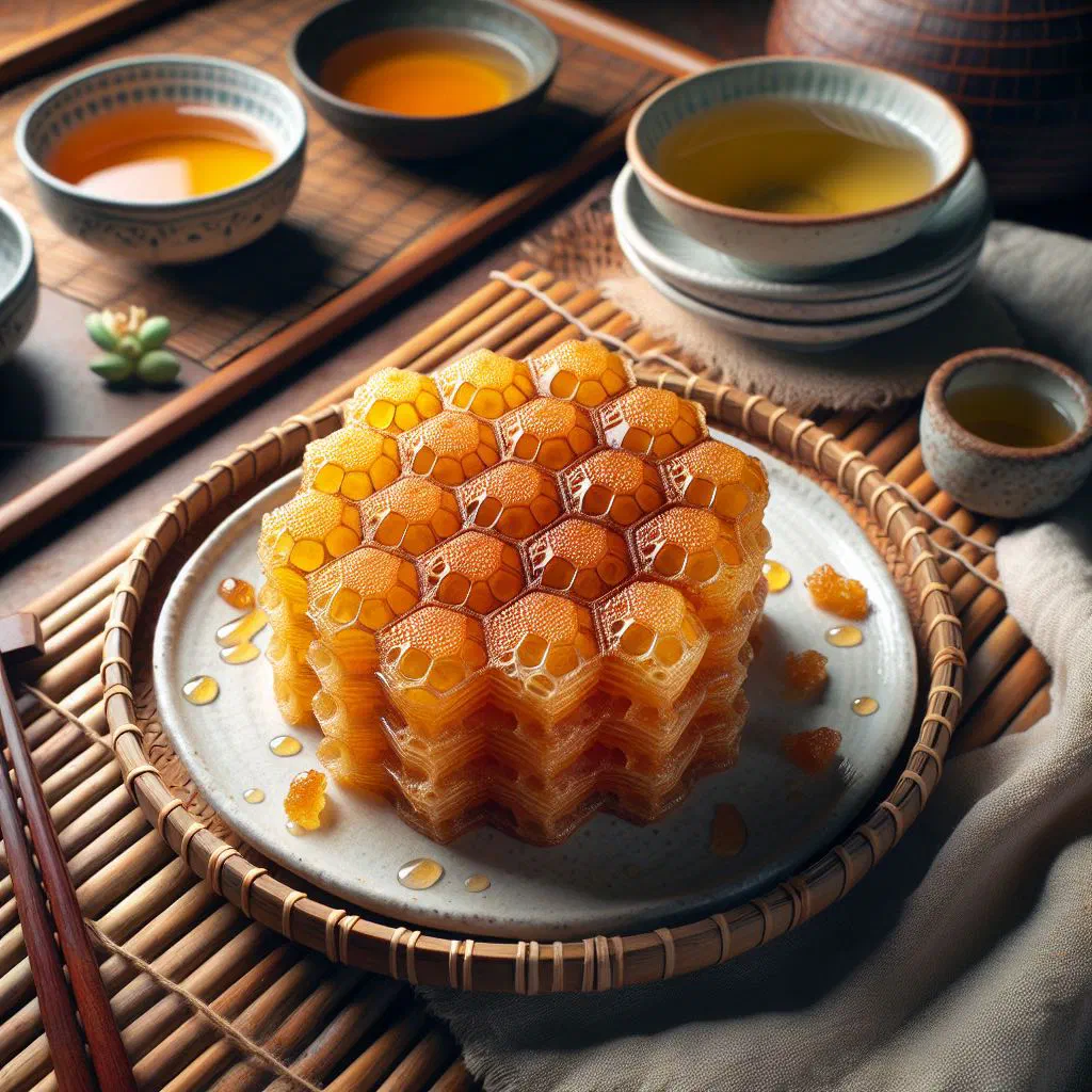 Slices of golden Banh Bo Nuong coconut honeycomb cake on a plate