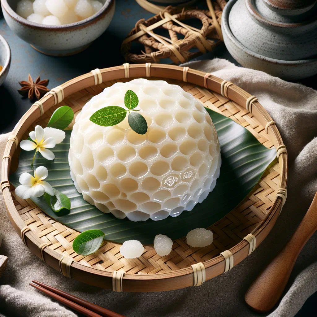Soft steamed Banh Bo rice cakes dusted with grated coconut