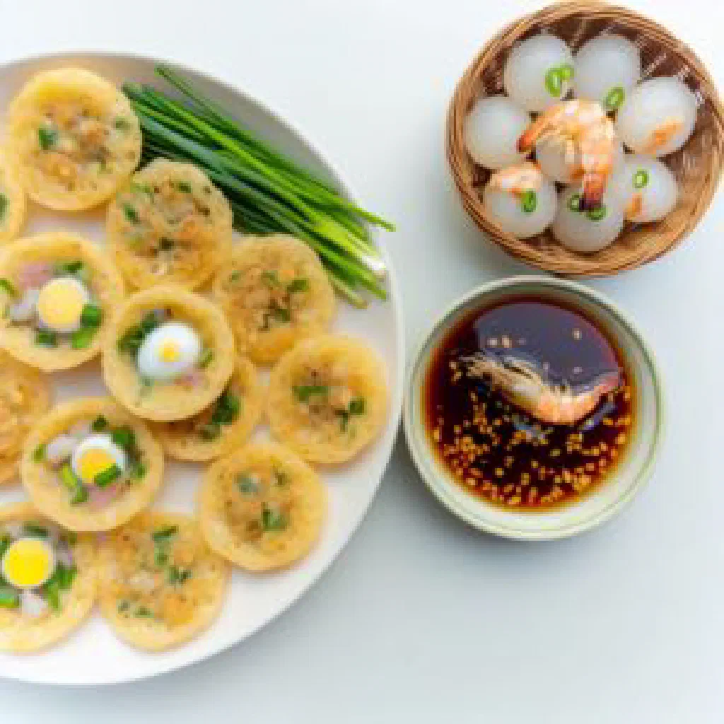 Golden, crispy Banh Can mini pancakes garnished with fresh herbs