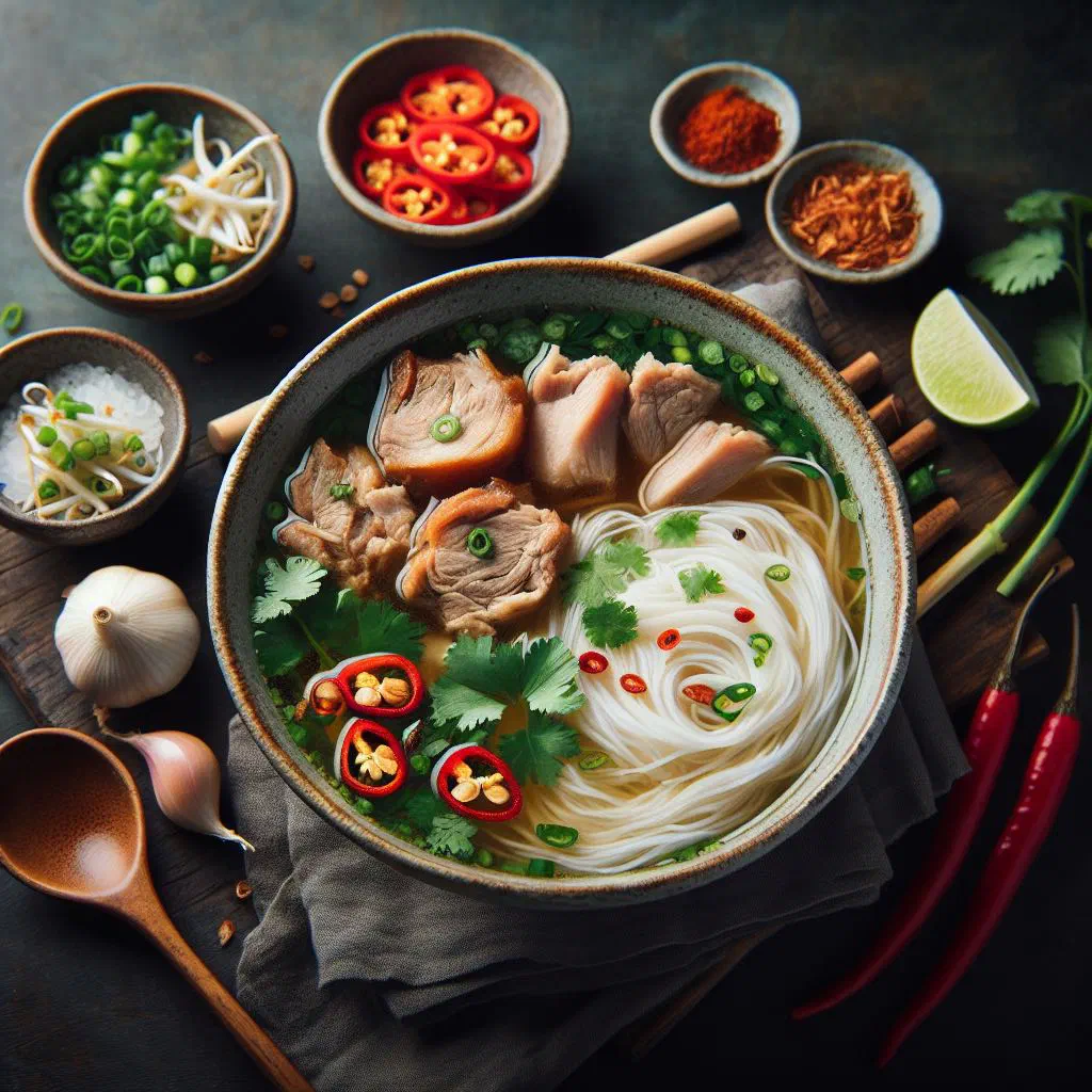 Bowl of Banh Canh Gio Heo with thick rice noodles, tender pork and fresh herbs