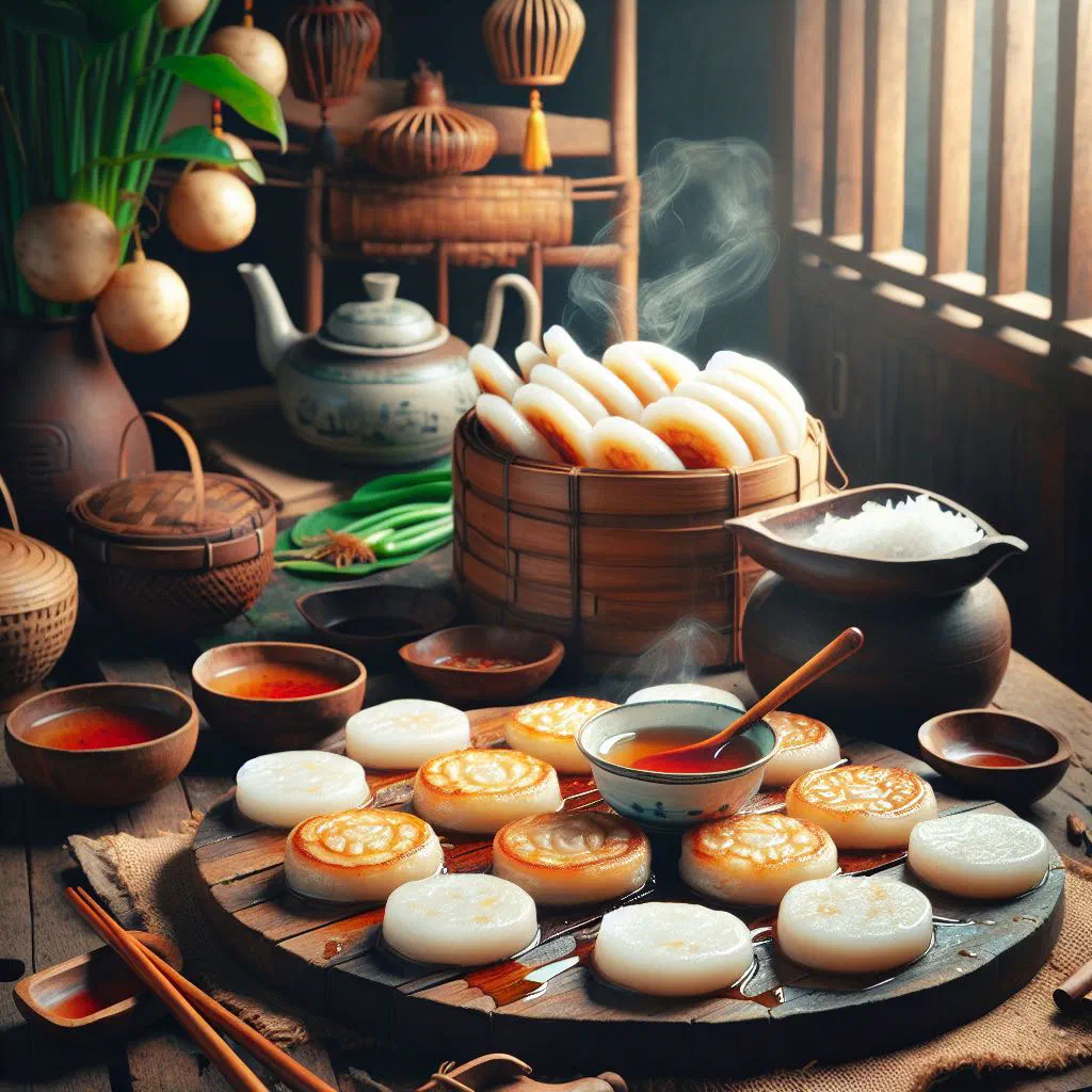 Filled Vietnamese rice pancakes with herbs and a side of chilli sauce