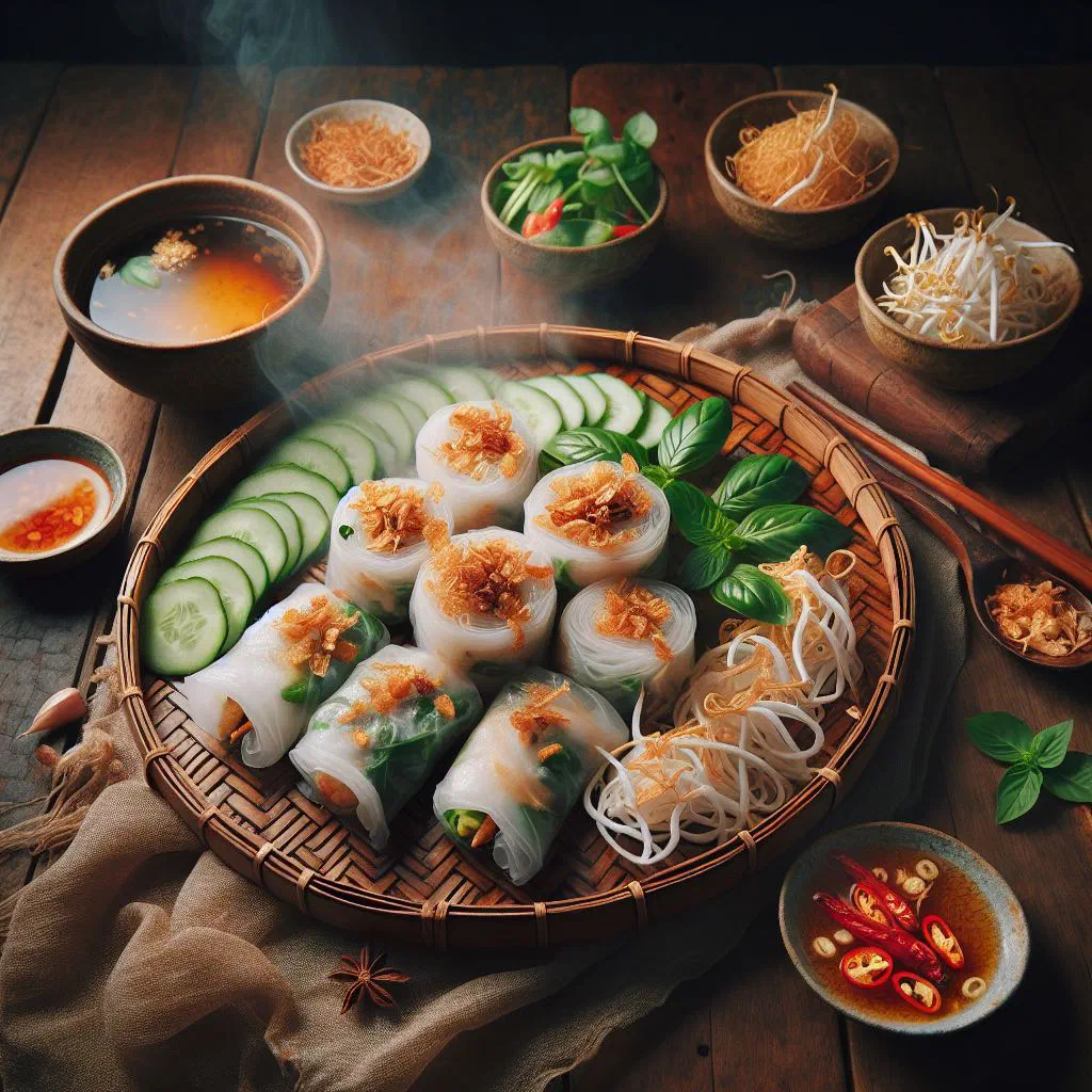 Steamed Vietnamese banh cuon nong rice rolls with fresh herbs and dipping sauce