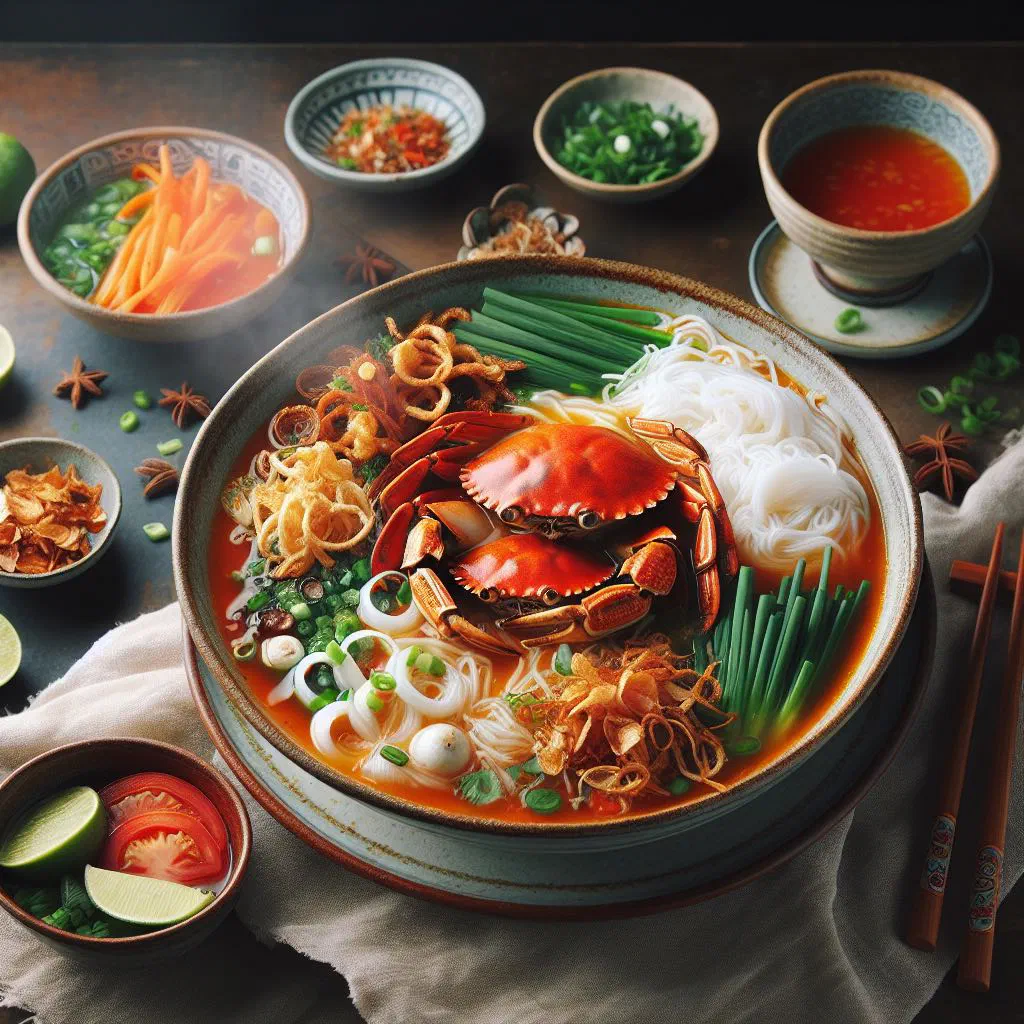 Banh da cua crab noodle soup garnished with fresh herbs and lime