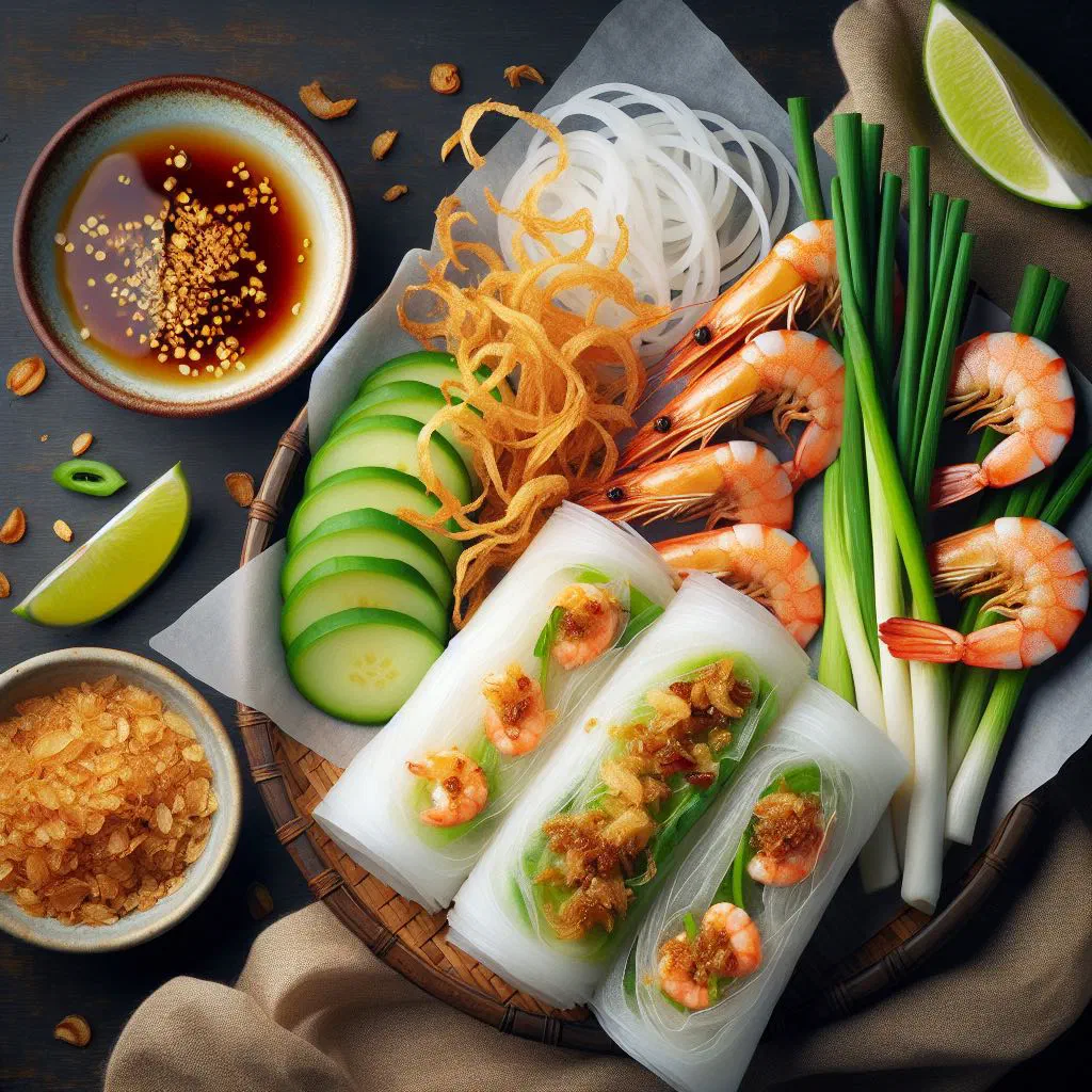 Banh dap with crispy rice crackers, soft rice paper and dipping sauce