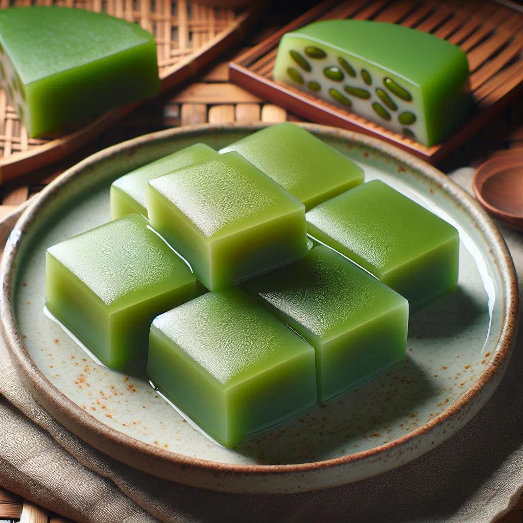Pale green-and-white mung bean cakes arranged on a plate