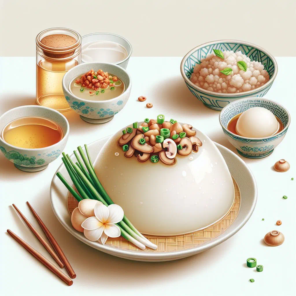 Banh duc with rice noodles, savoury meat and fresh herbs