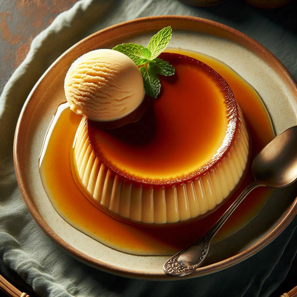 Banh flan with golden caramel topping on a dessert plate