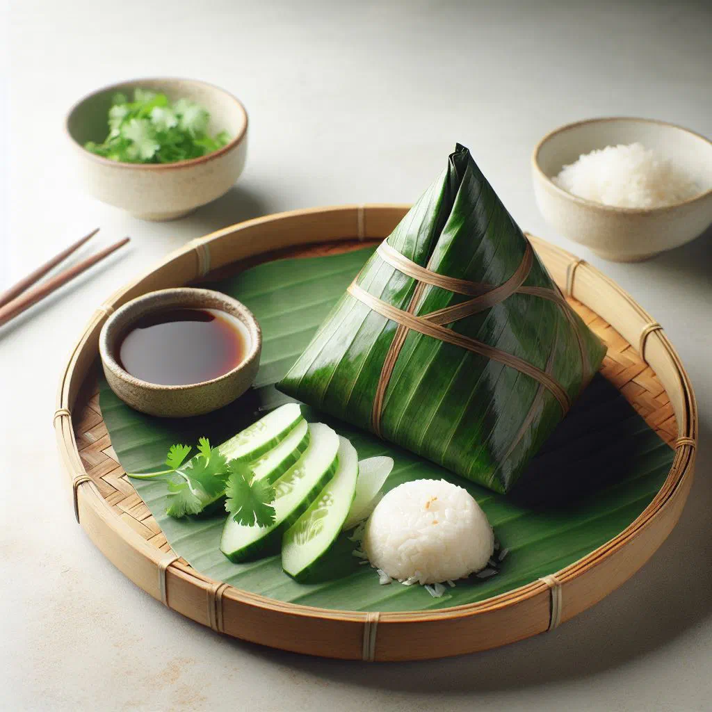 Steamed banh gio chay rice cakes wrapped in banana leaves with herbs