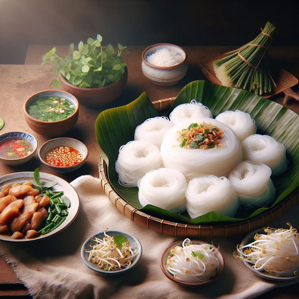 Woven sheets of banh hoi rice vermicelli with grilled meat and fresh herbs