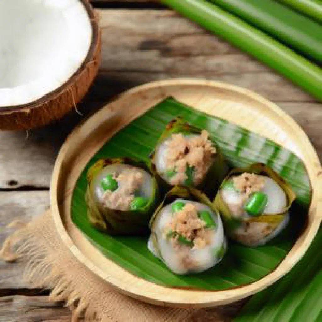 Small glutinous rice balls filled with sweet coconut, wrapped in banana leaf