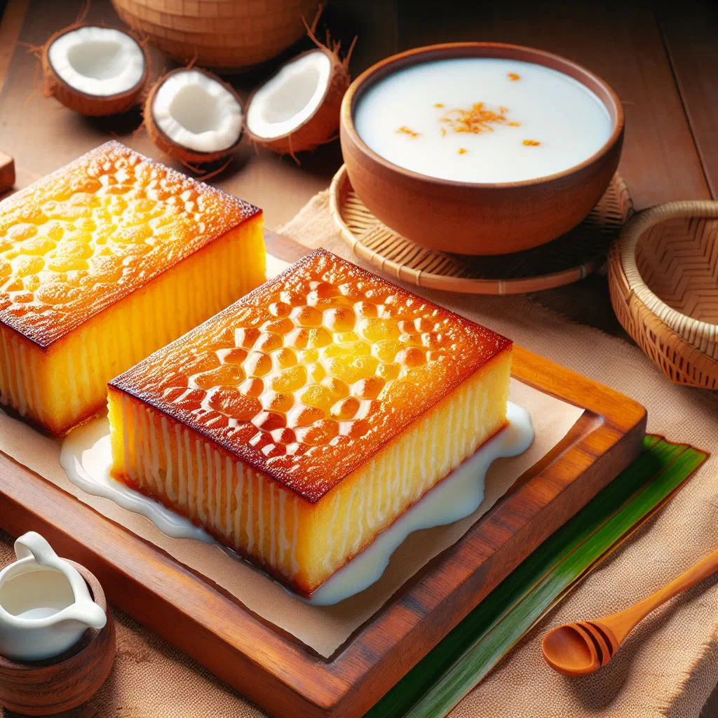 Crispy golden Banh Khoai Mi rice cakes garnished with fresh herbs