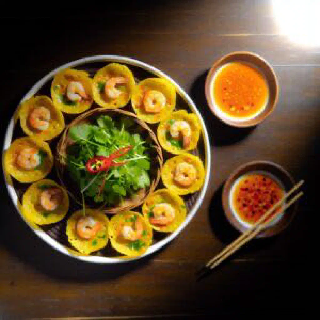 Crispy banh khot rice cakes topped with prawns and fresh herbs
