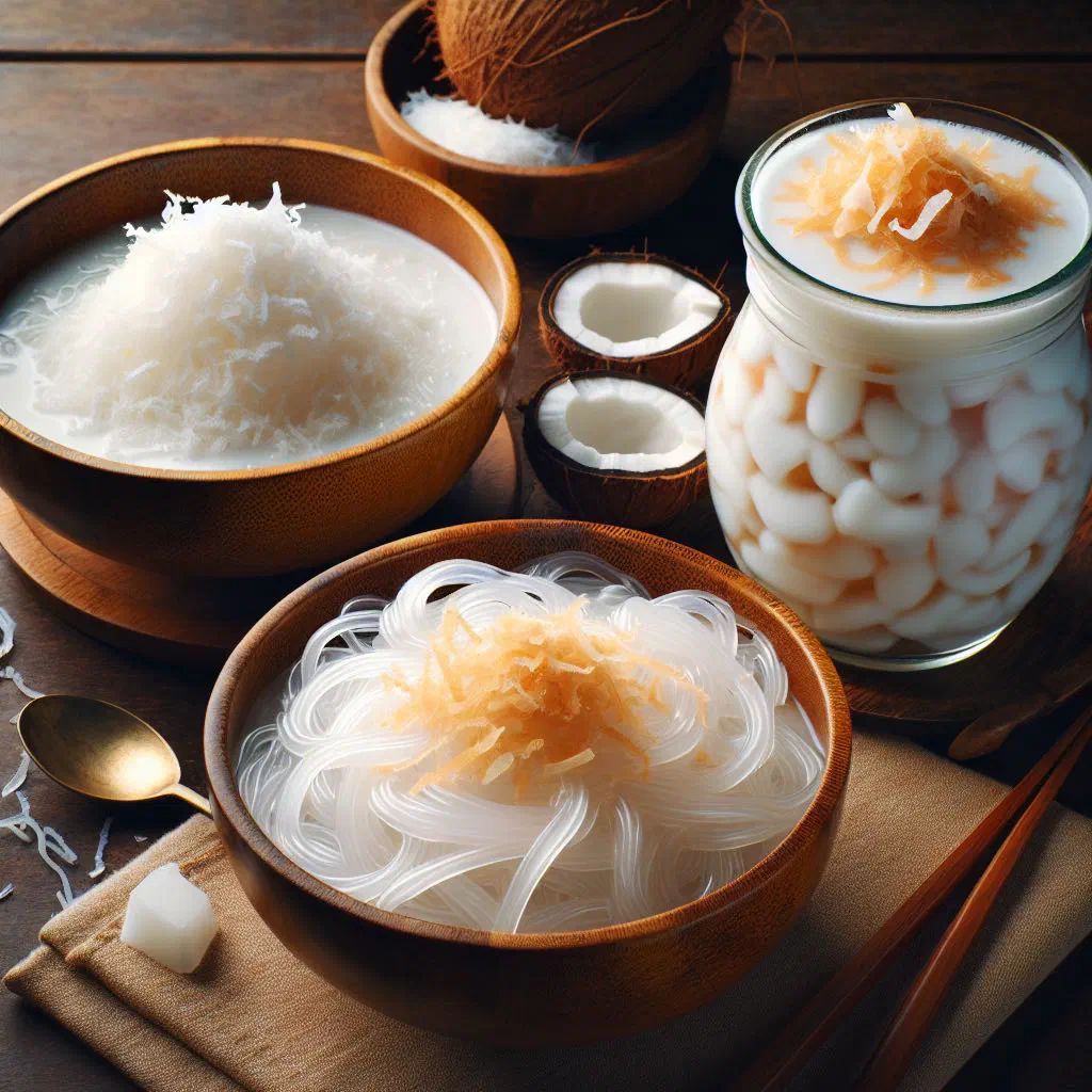 Green pandan rice noodles served in sweet coconut milk