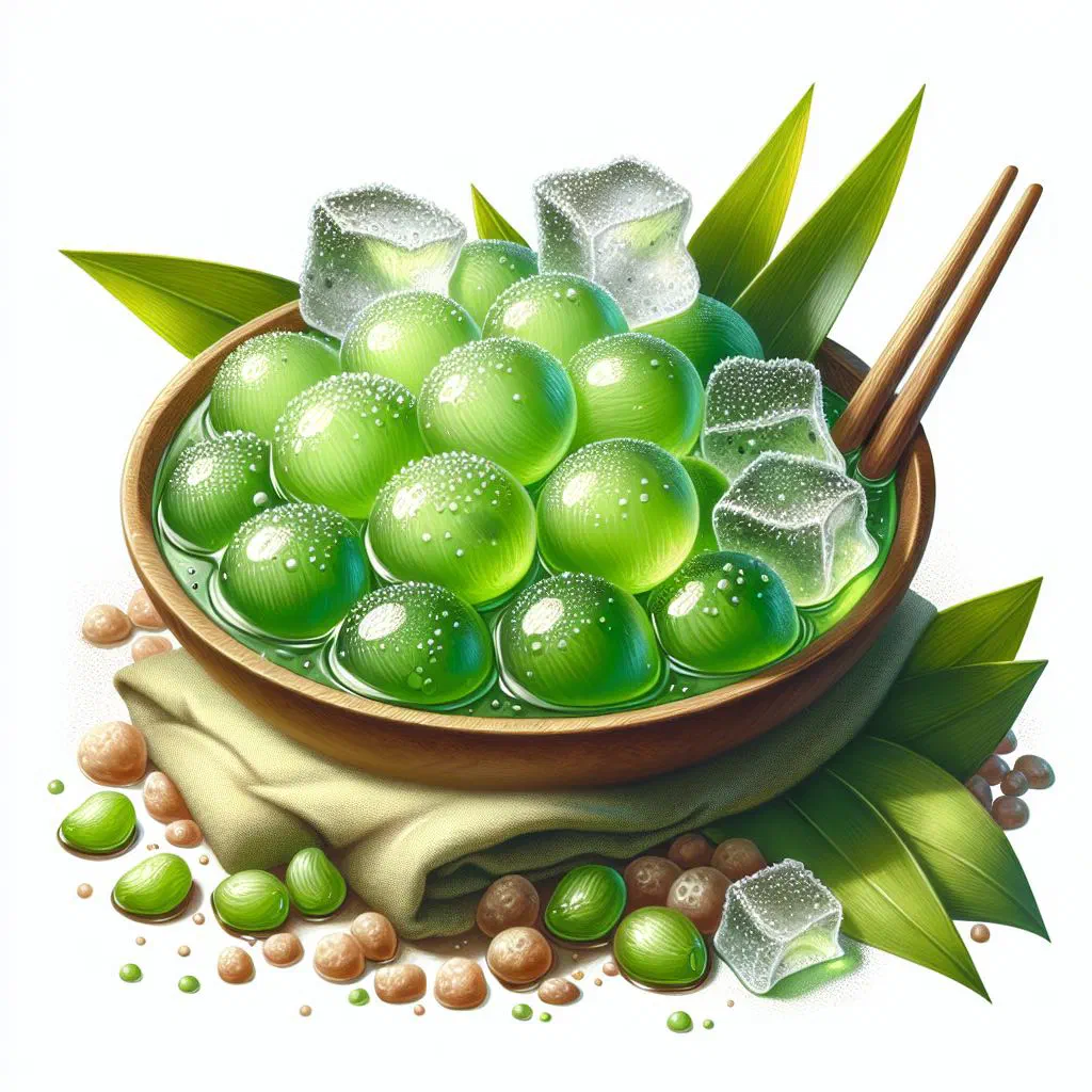Bowl of green banh lot rice jellies in sweet coconut milk