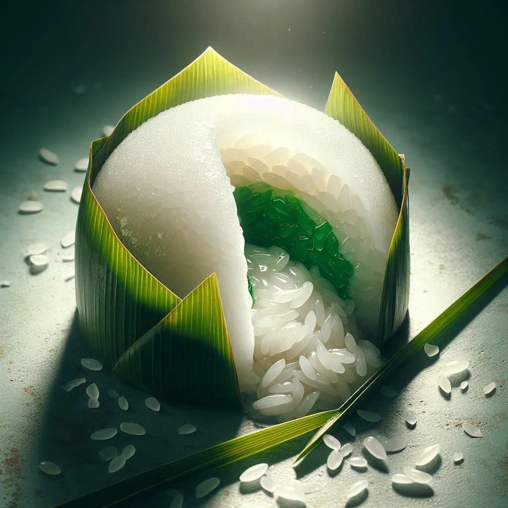 Squares of green pandan sticky rice dessert drizzled with coconut cream