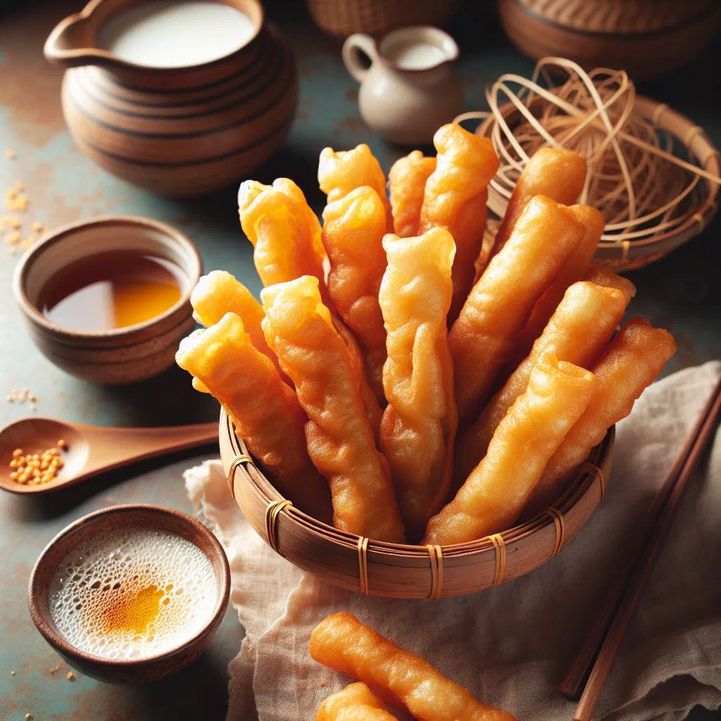 Crispy fried Banh Quay dough strips served with a sweet coconut dipping sauce