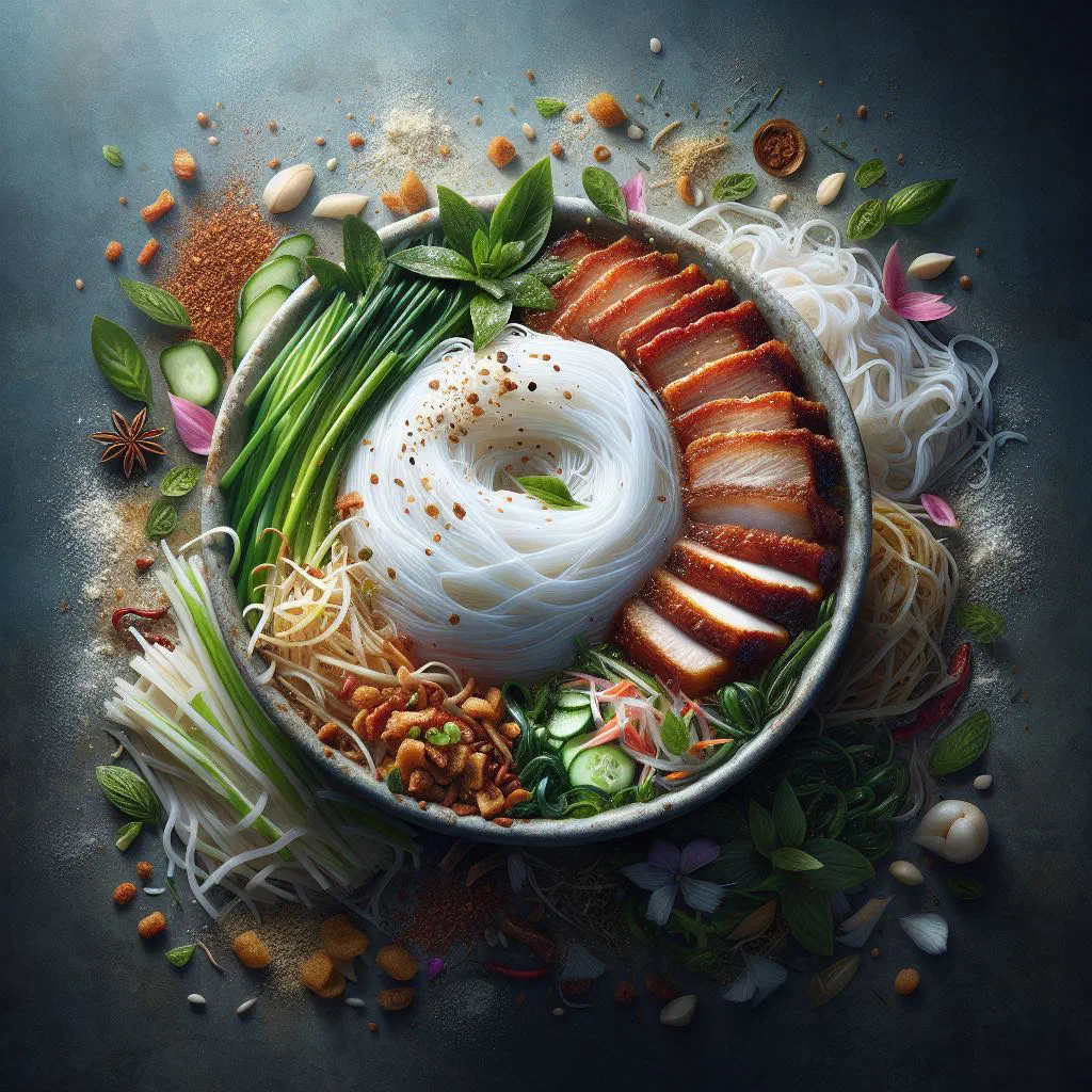 Banh tam bi with rice noodles, marinated pork, fresh vegetables and chopped peanuts