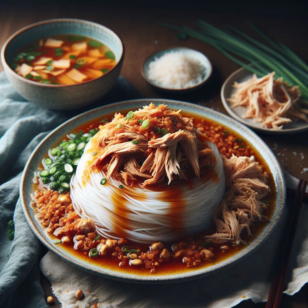 Banh tam ga with shredded chicken, fresh herbs and lime