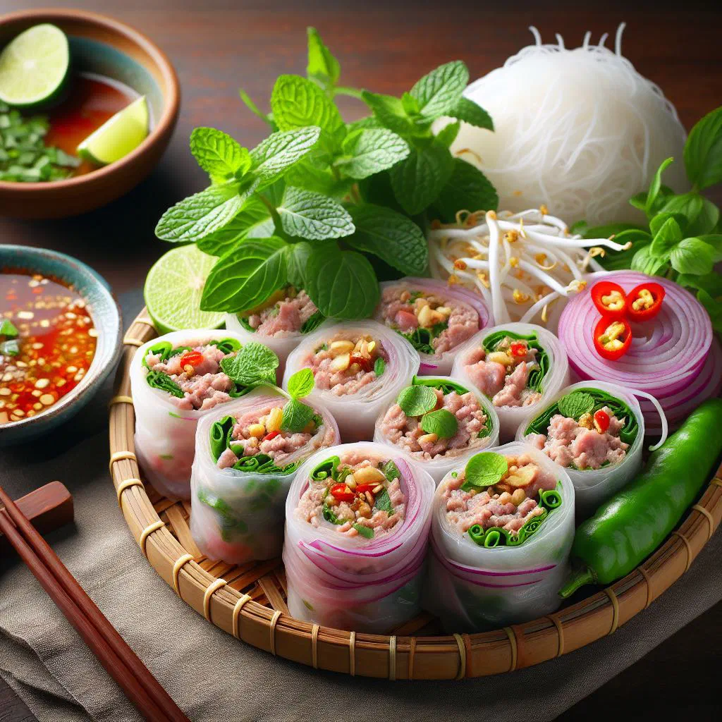Vietnamese rice paper rolls with pork, fresh herbs and a peanut dipping sauce