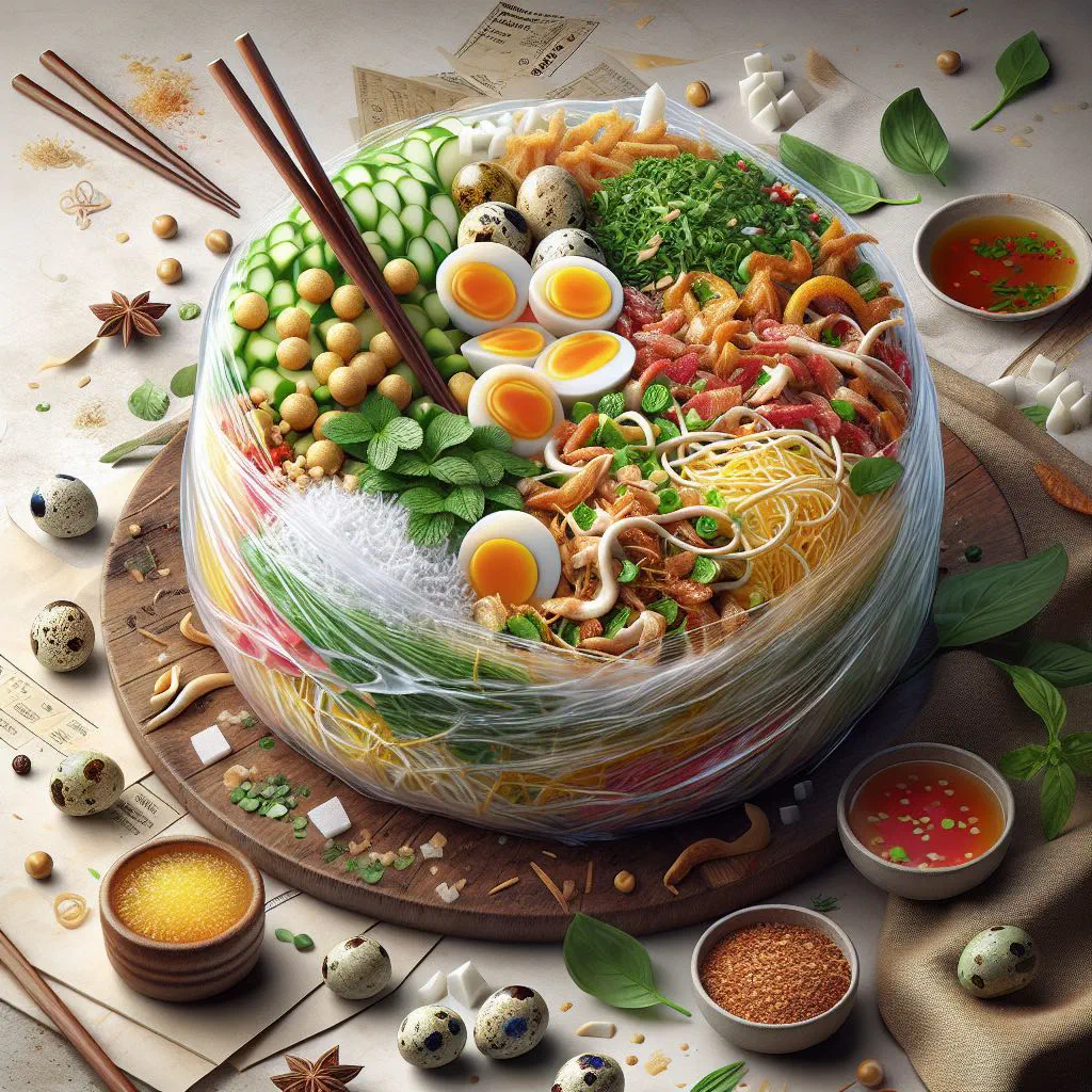 Banh trang tron with rice paper, fresh herbs, peanuts and chilli