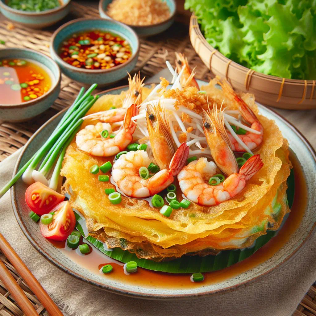 Crispy golden Vietnamese rice pancake filled with prawns, bean sprouts and fresh herbs