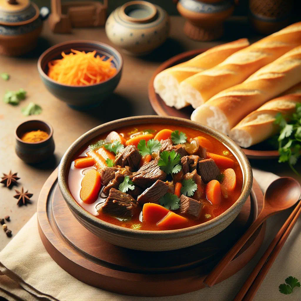 Bowl of Vietnamese bo kho beef stew with carrots and fresh coriander