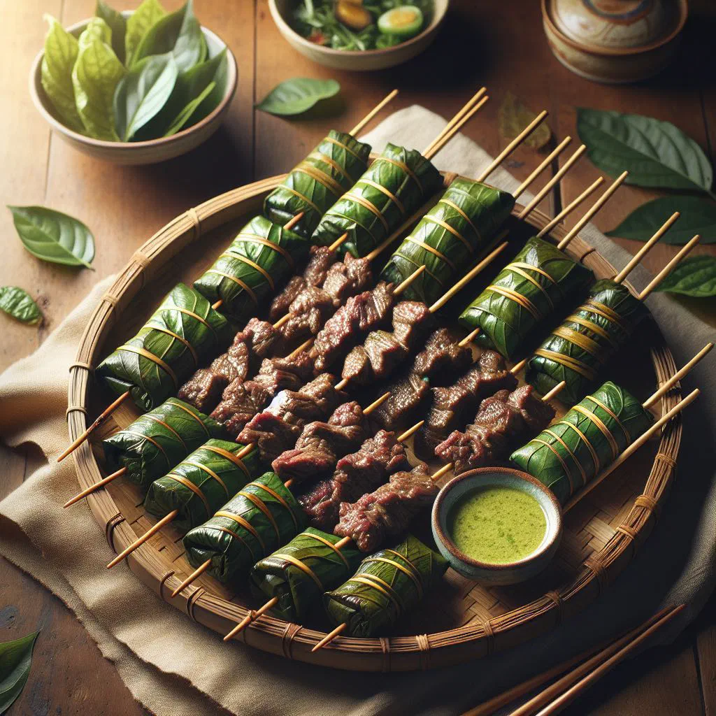 Grilled beef wrapped in betel leaves, garnished with fresh herbs