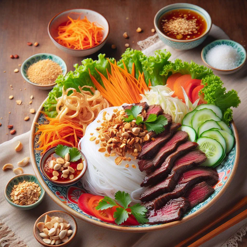 Bowl of bun bo nam bo with stir-fried beef, rice noodles and fresh herbs