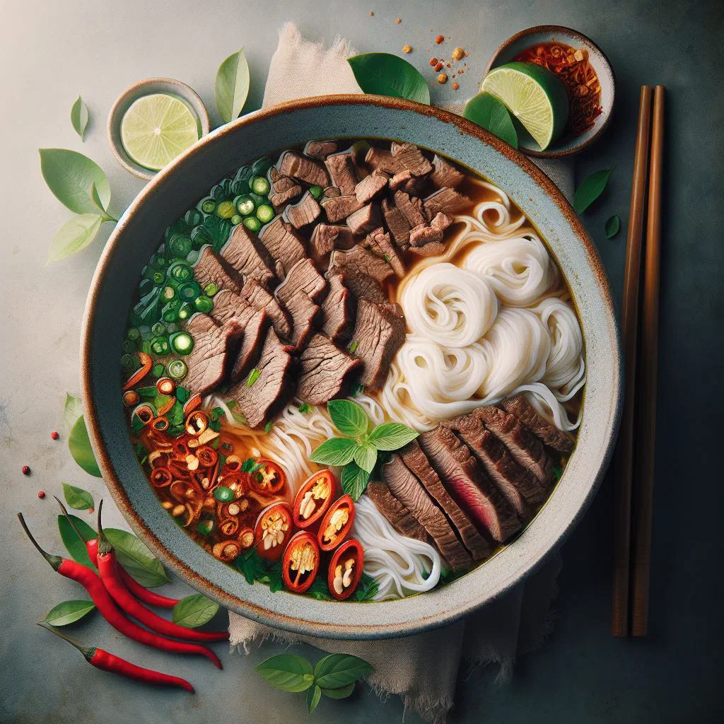 Bowl of Bun Bo Nam Dinh with rice noodles, sliced beef and fresh herbs