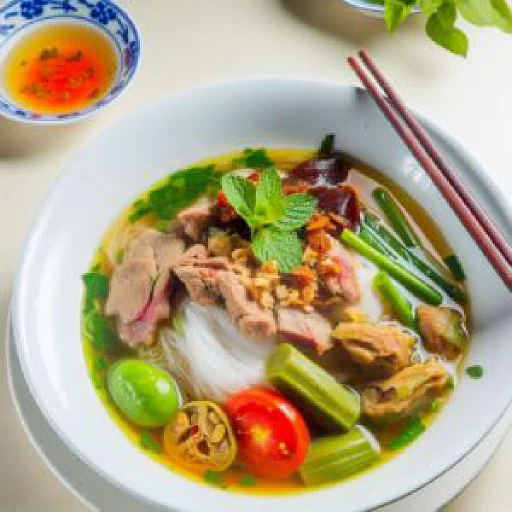 A steaming bowl of bún bò with beef, rice noodles and fresh herbs