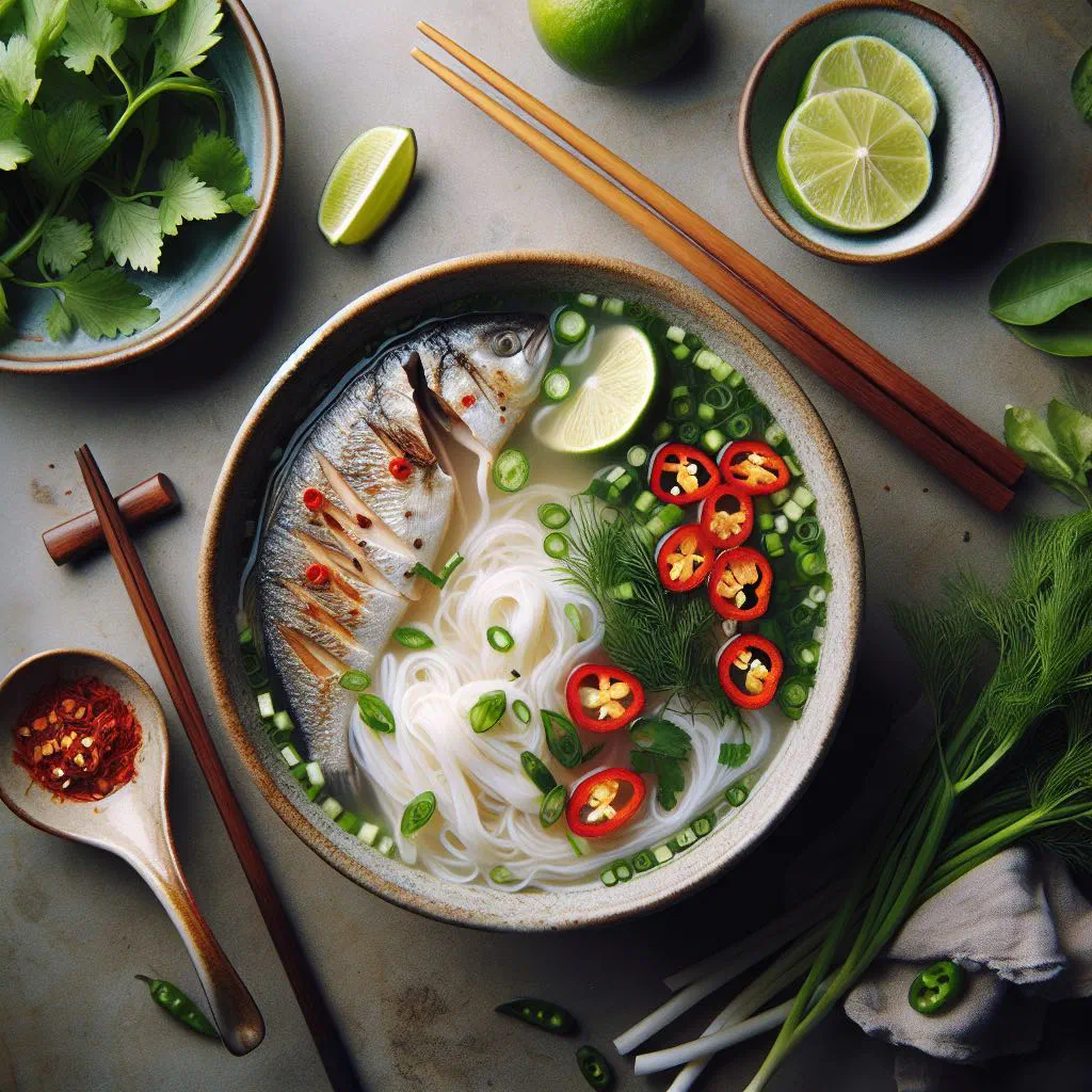 Bowl of bun ca with fish, rice noodles, fresh herbs and lime