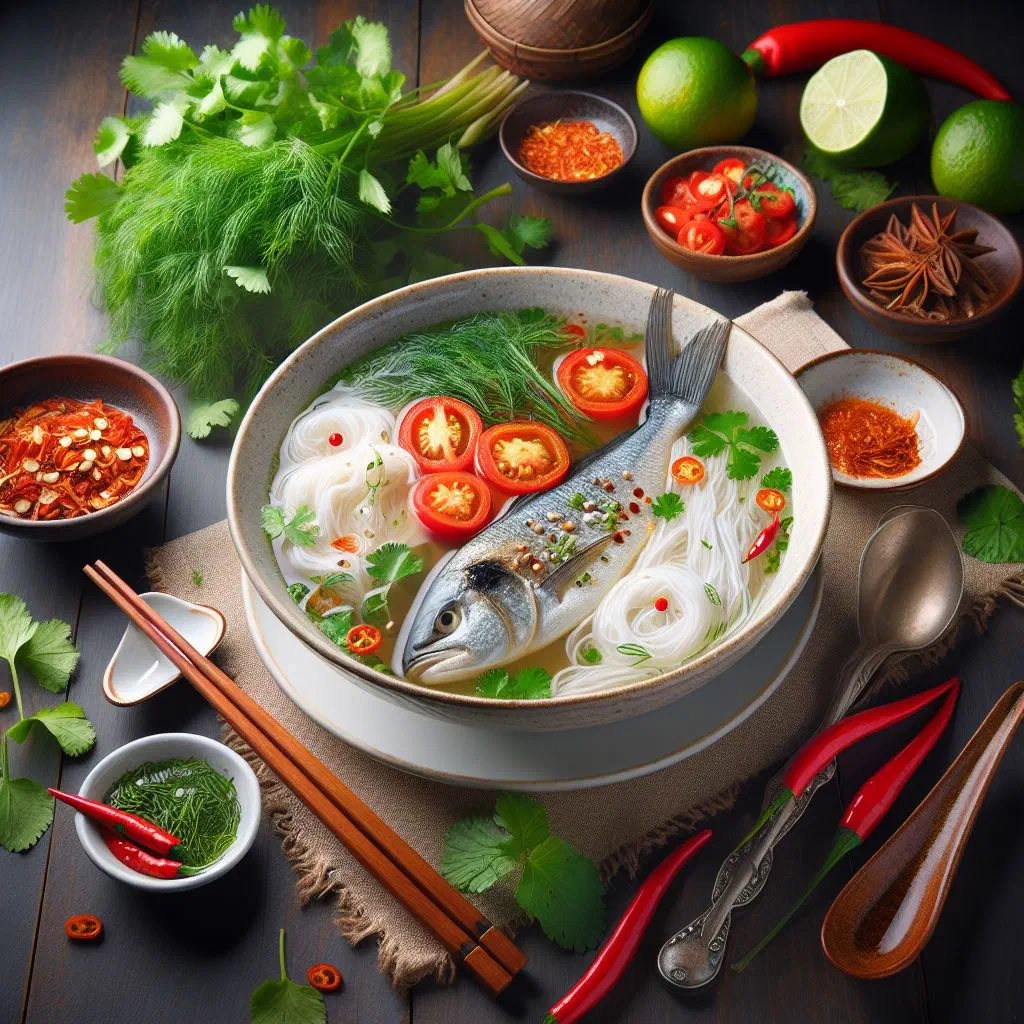 Vietnamese bún cá rô đồng rice noodle soup with fish, fresh herbs and lime
