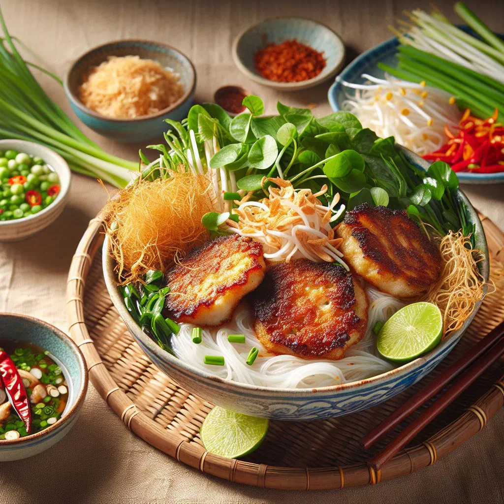 Bun cha ca with fish cakes, rice noodles and fresh herbs in a fragrant broth