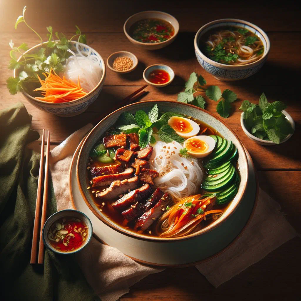 Bun cha ha noi with grilled pork, rice noodles and fresh herbs
