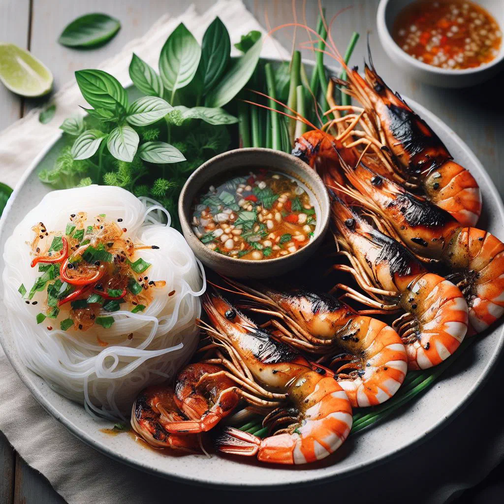 Bun cha tom with grilled prawns, pork meatballs, rice noodles and fresh herbs