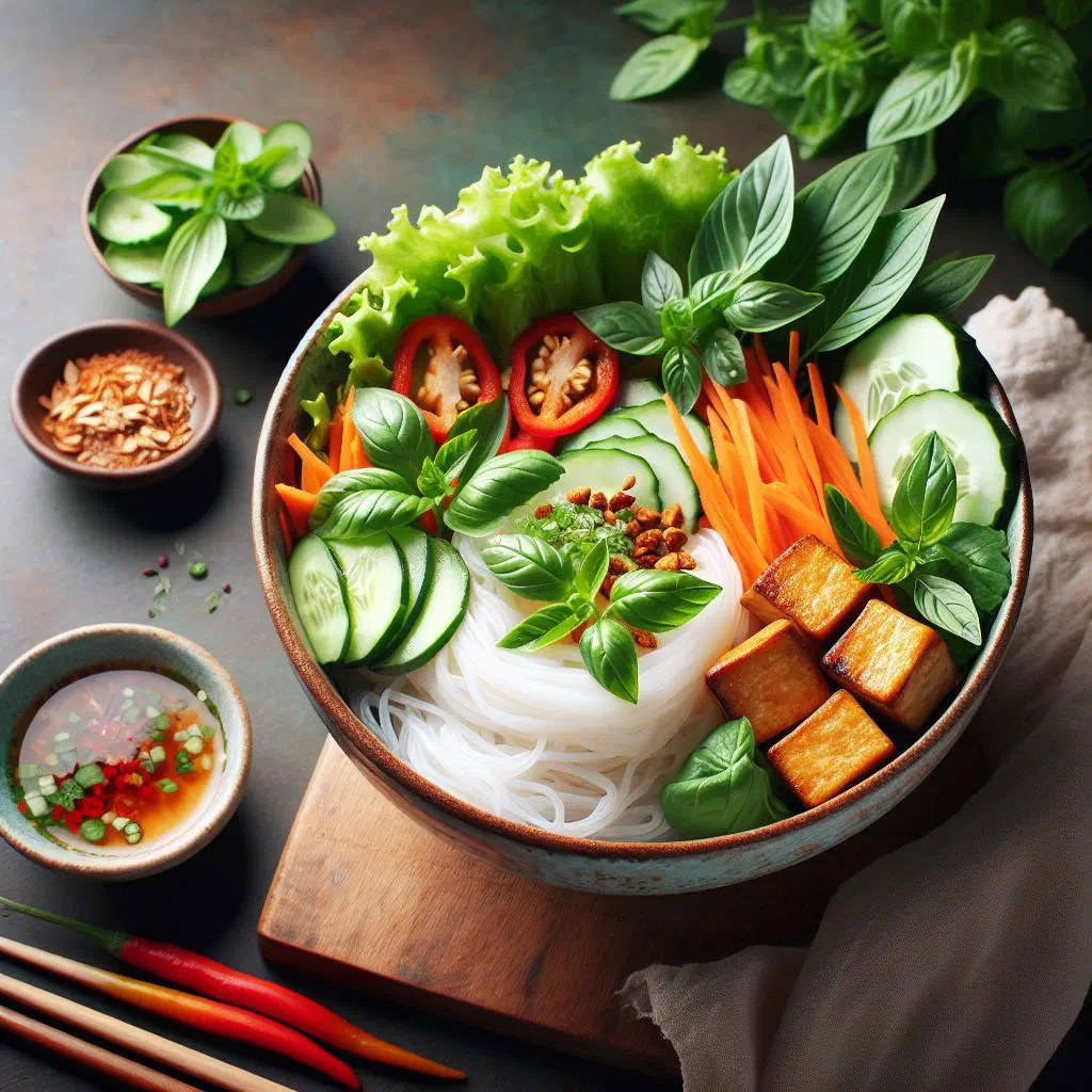 Bun chay bowl with rice noodles, fresh vegetables, herbs and broth