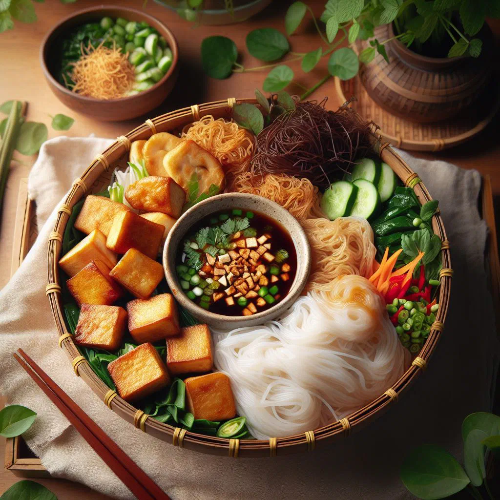 Bun dau ruoc with rice noodles, crispy fried tofu and fresh herbs