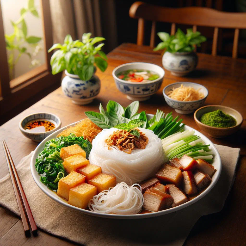 Bun dau thit luoc with rice noodles, sliced pork and fresh herbs