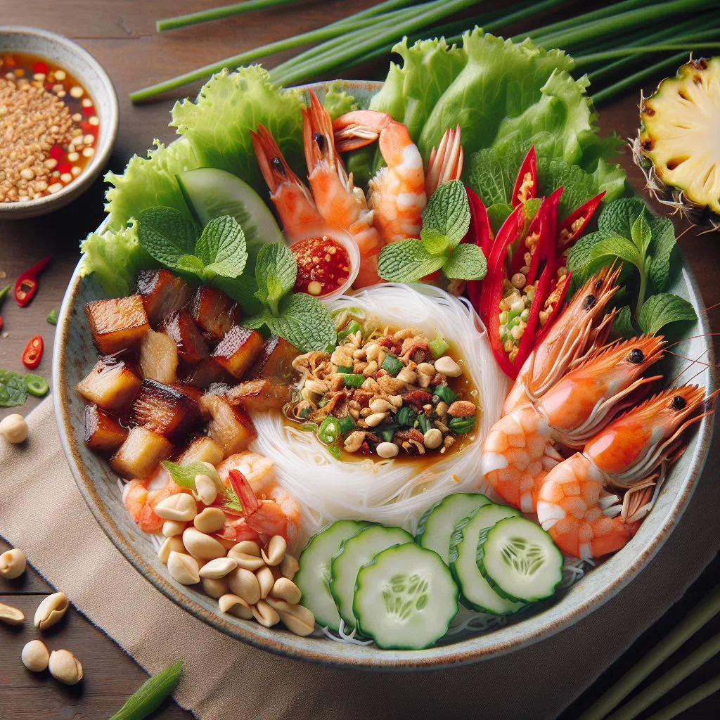 Bowl of bun mam nem with rice noodles, fresh vegetables and herbs