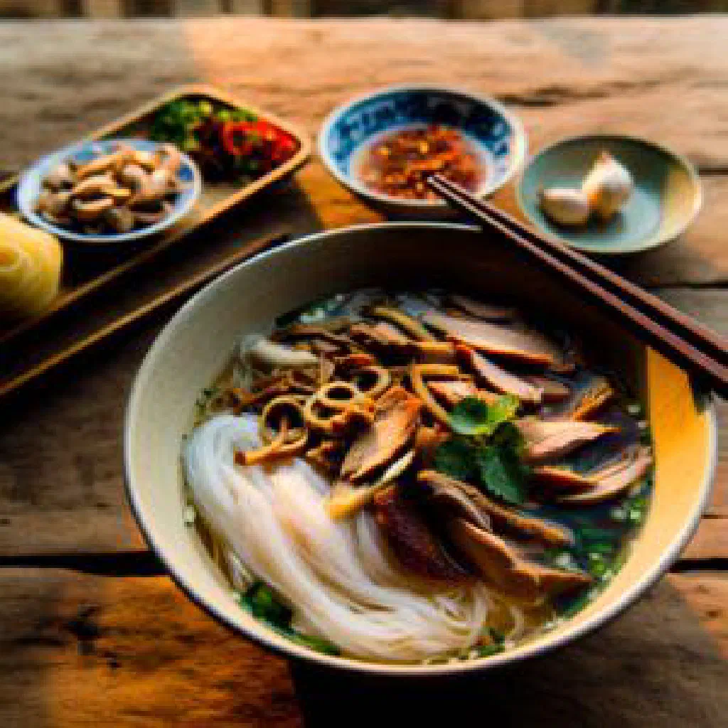 Bowl of bun mang vit with sliced duck, bamboo shoots and rice noodles